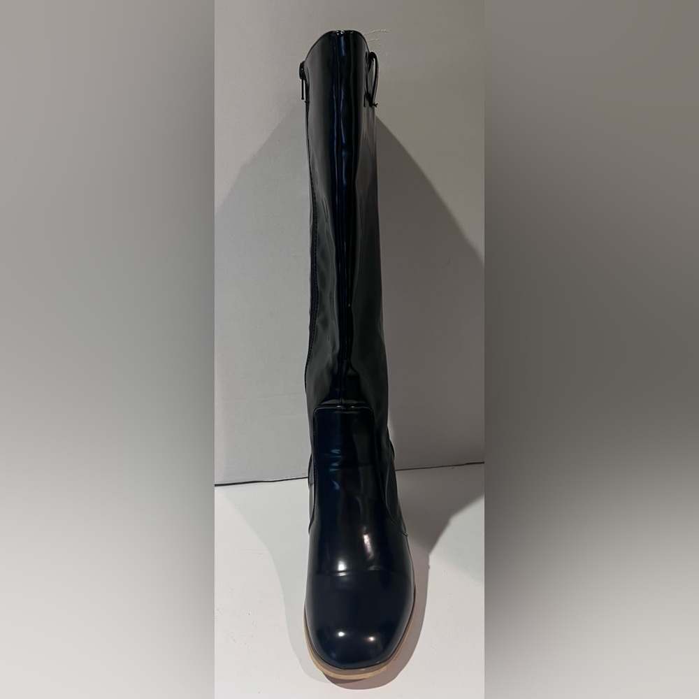 Leila Stone Vegan Black Patent Leather Cynira Knee-High Boots Block Heel Size 10 - Picture 8 of 12